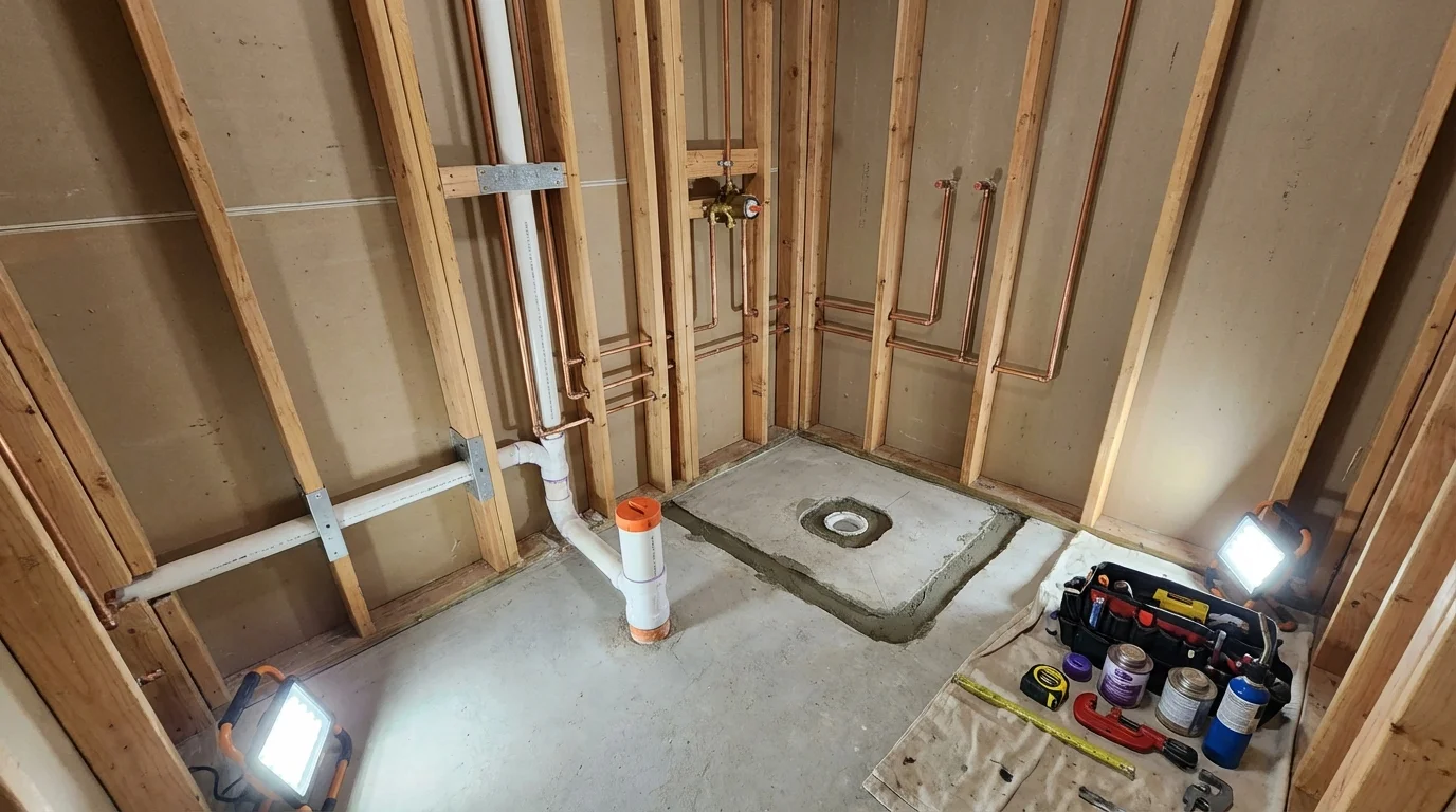 Bathroom rough-in plumbing during remodel by Johns Plumbing LLC in North Charleston