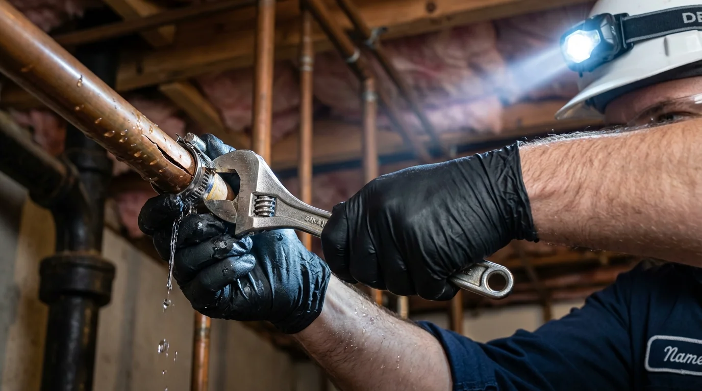 Emergency pipe clamp repair being performed by a Johns Plumbing LLC plumber in North Charleston