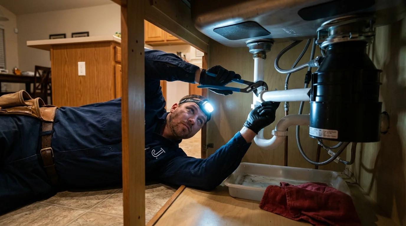 P-trap and supply line connections under a kitchen sink showing a common leak point in North Charleston, SC